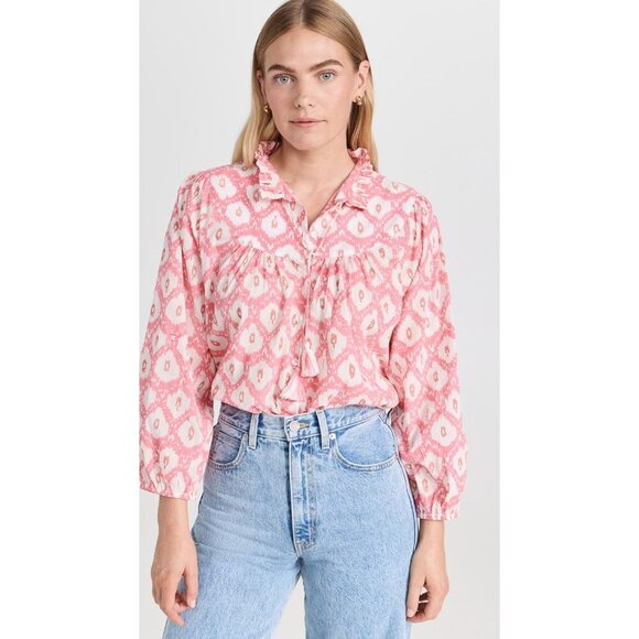 Marea Georgia Top XS Golden Hour Pink Print Cotton Tassel Tie Ruffle Blouse - Picture 2 of 9